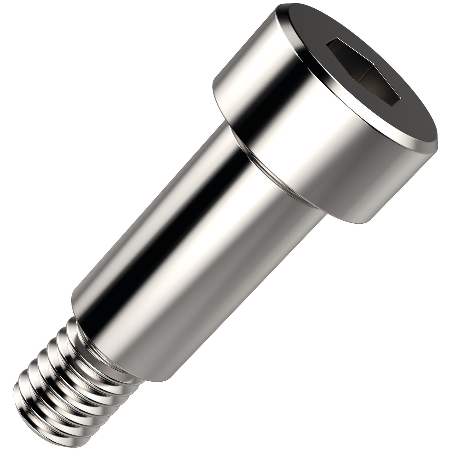 sideways view, diagonally of silver coloured cap head screws with hex drive